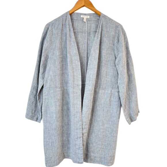 Eileen Fisher Organic Linen Blue Duster Jacket Open Front Lagenlook Mature - Picture 2 of 9